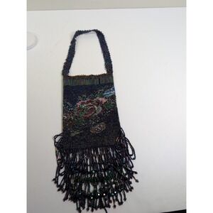 Antique Vintage Floral Beaded Purse with Handle and Fringe